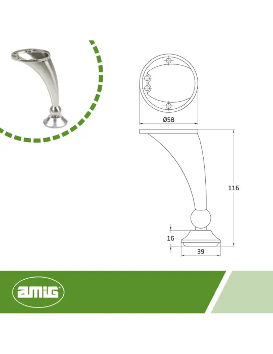 Pata para mueble 13 - 120 mm - Zamak - Níquel cepillado
