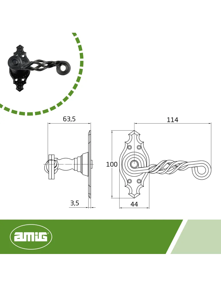 Manilla con roseta 102K - 100 x 44 mm - Placa de acero, Tirador de zamak - Negro