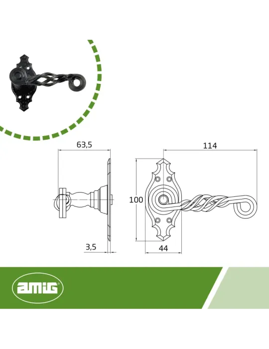 Manilla con roseta 102K - 100 x 44 mm - Placa de acero, Tirador de zamak - Negro