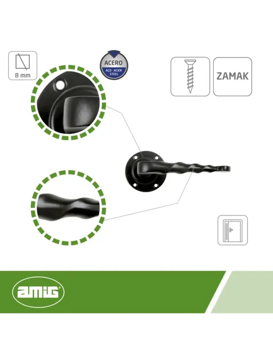 Manilla con roseta 101R - Ø60 mm - Placa de acero, Tirador de zamak - Negro