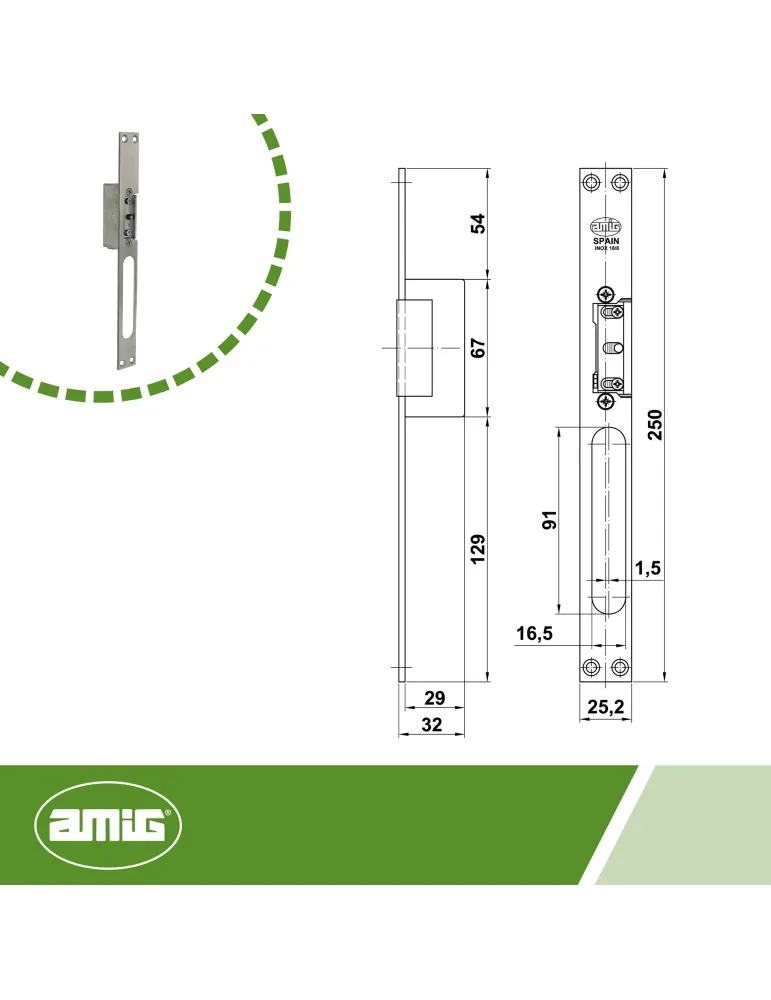 Cerradero eléctrico 40 - 250 x 25 x 3 mm - Acero inoxidable 18/8 - Mate