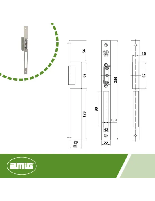 Cerradero eléctrico 50 - 250 x 22 x 3 mm - Acero inoxidable 18/8 - Mate