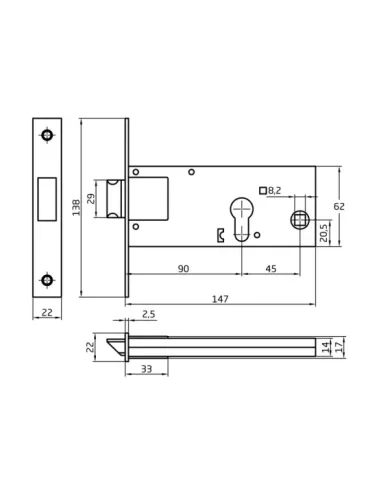 Cerradura 727 - 90 mm - Acero inoxidable - Mate