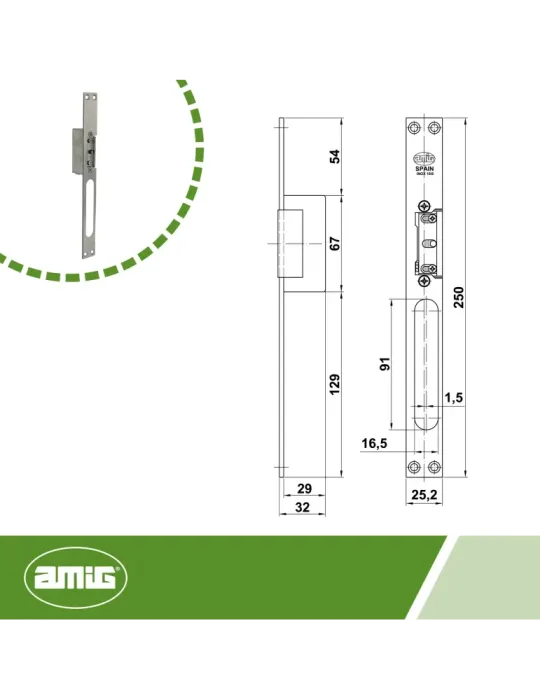 Cerradero eléctrico 40 - 250 x 25 x 3 mm - Acero inoxidable 18/8 - Mate