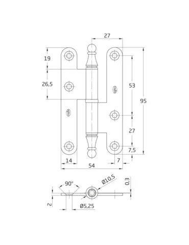 Pernio 408E - 95 x 54 x 2 mm - Acero - Lacado dorado - Derecha 2
