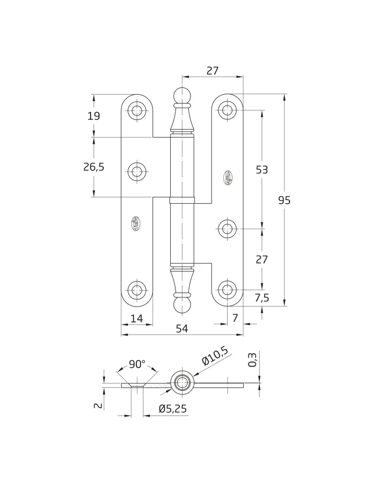 Pernio 408E - 95 x 54 x 2 mm - Acero - Lacado dorado - Derecha