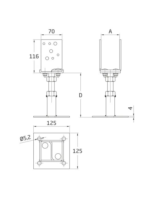 Soporte regulable para poste 357 - 70 x 116 mm - Acero - Bicromatado