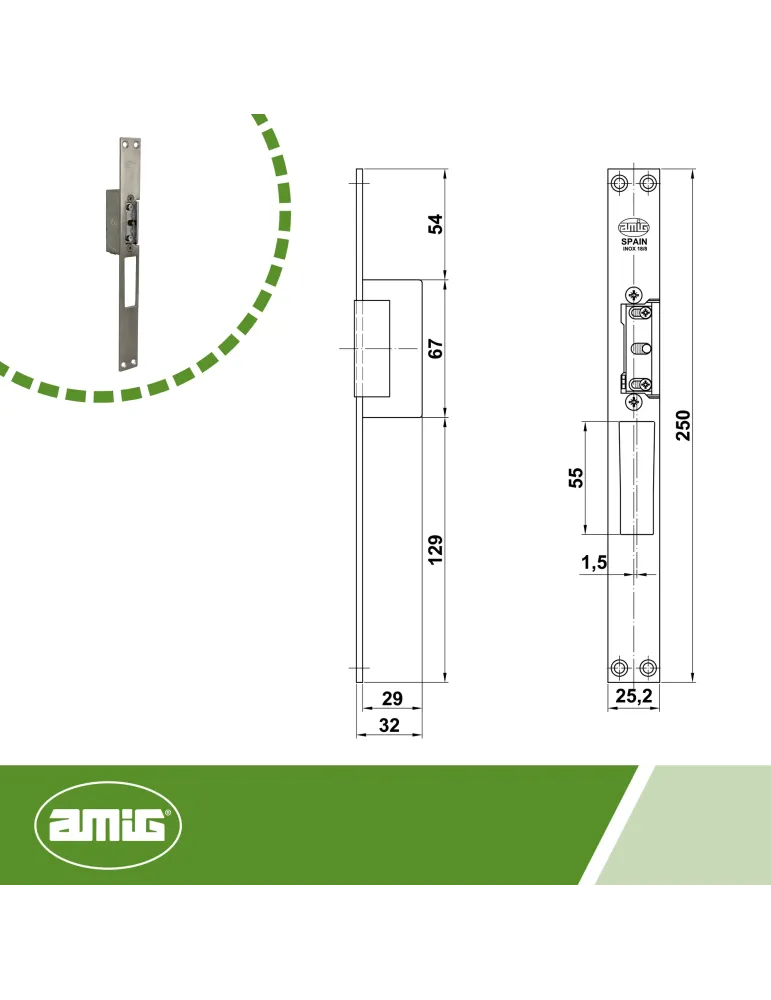 Cerradero eléctrico 30 - 250 x 25 x 3 mm - Acero inoxidable 18/8 - Mate