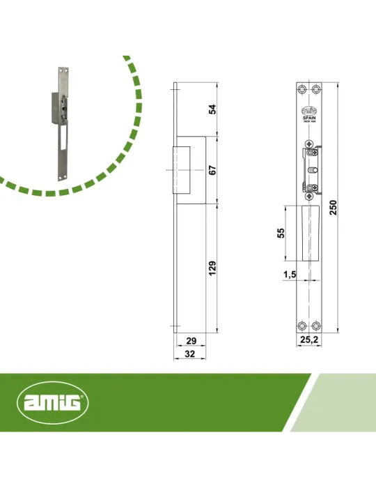 Cerradero eléctrico 30 - 250 x 25 x 3 mm - Acero inoxidable 18/8 - Mate