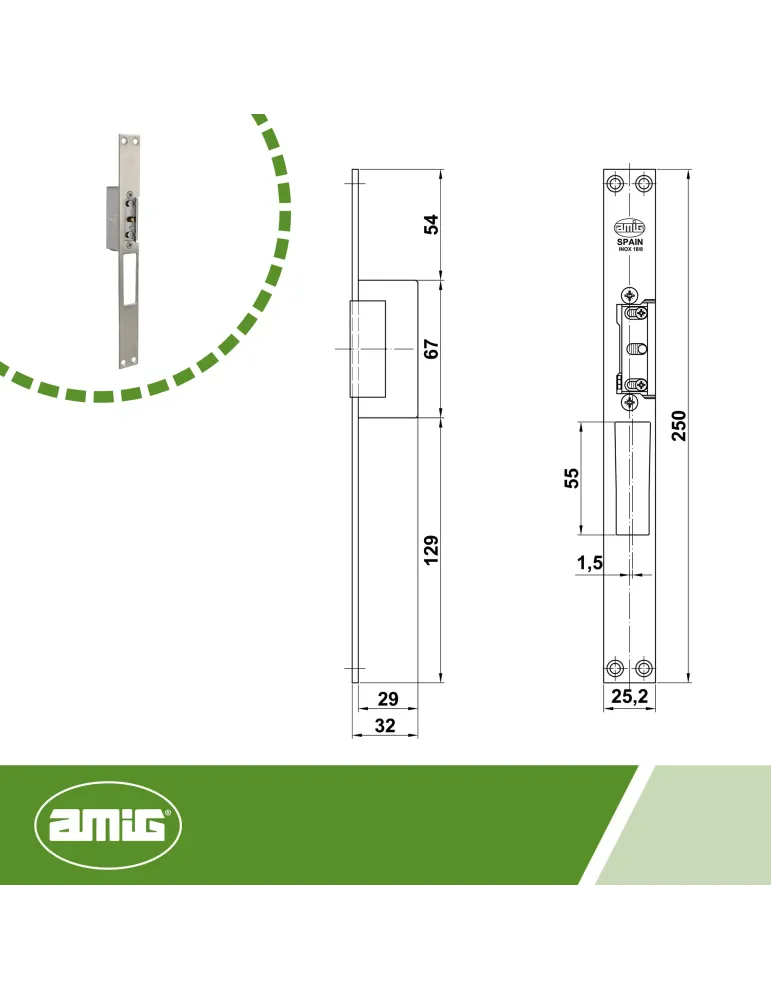 Cerradero eléctrico 31 - 250 x 25 x 3 mm - Acero inoxidable 18/8 - Mate