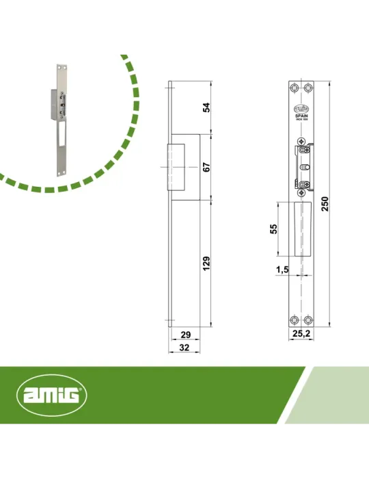 Cerradero eléctrico 31 - 250 x 25 x 3 mm - Acero inoxidable 18/8 - Mate