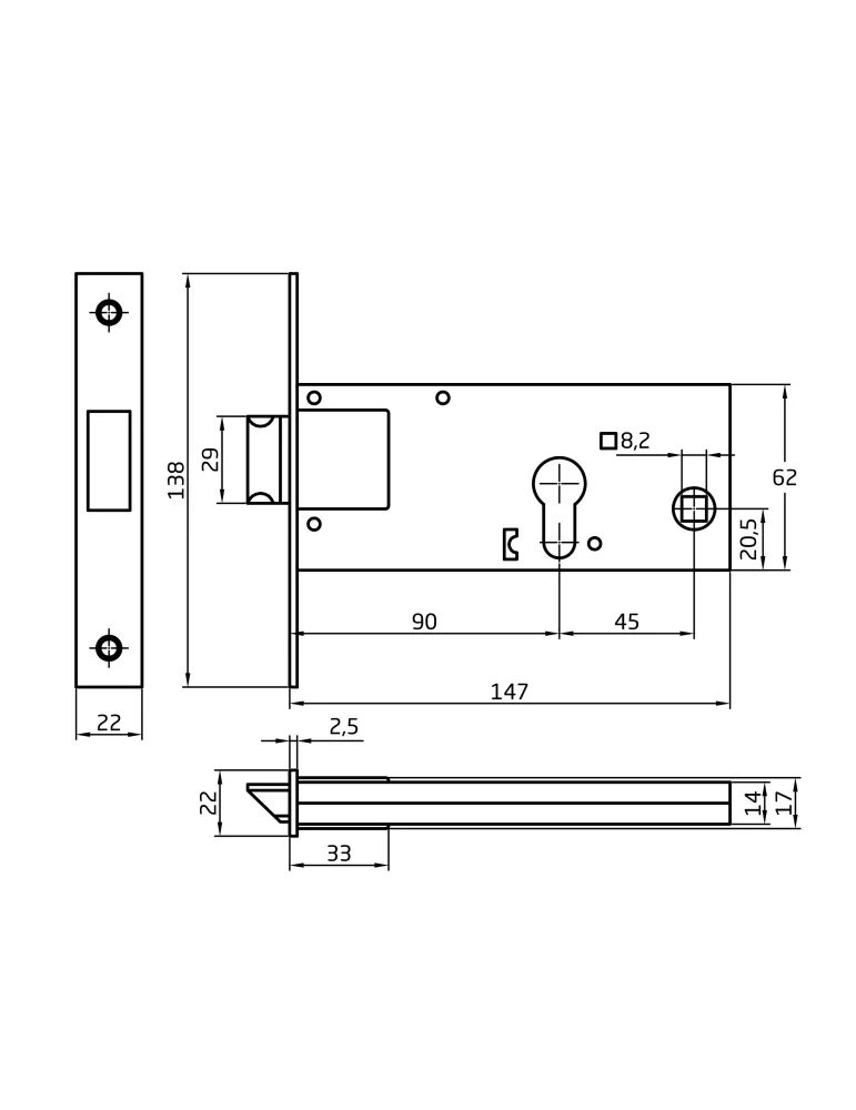 Cerradura 727 - 90 mm - Acero inoxidable - Mate