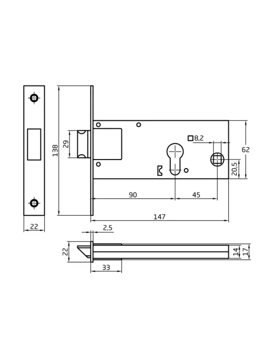 Cerradura 727 - 90 mm - Acero inoxidable - Mate
