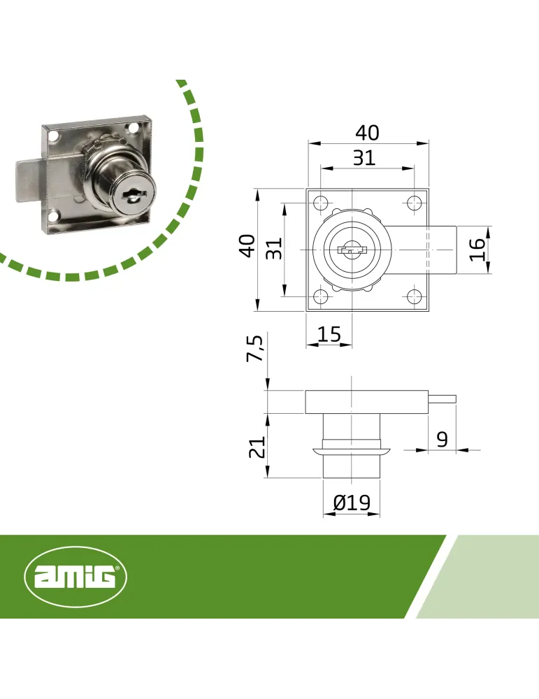 Cerradura mueble llaves iguales 1A1 - 40 x 40 mm - Acero - Niquelado