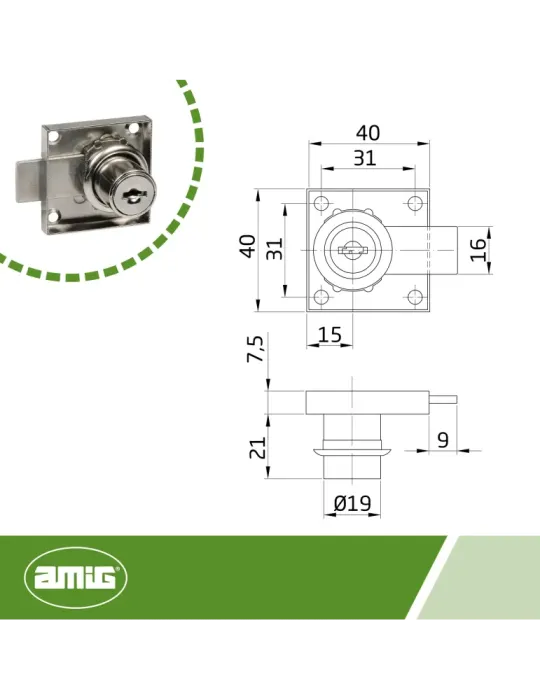 Cerradura mueble llaves iguales 1A1 - 40 x 40 mm - Acero - Niquelado