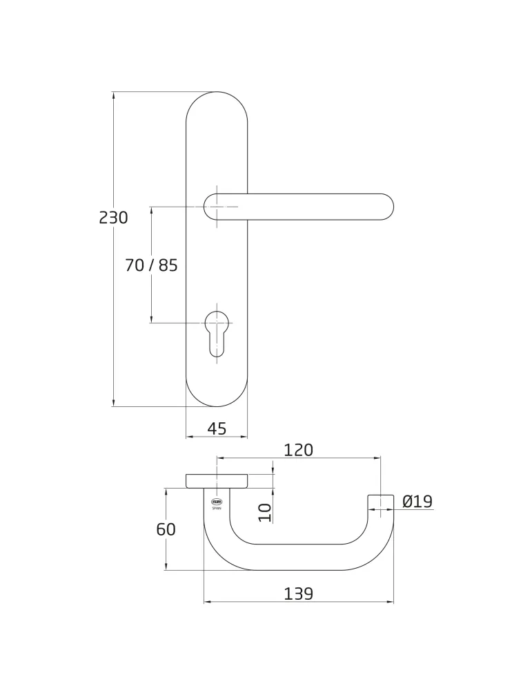 Manilla con placa 3PXB - 230 x 45 mm - Acero inoxidable 18/8 - Mate