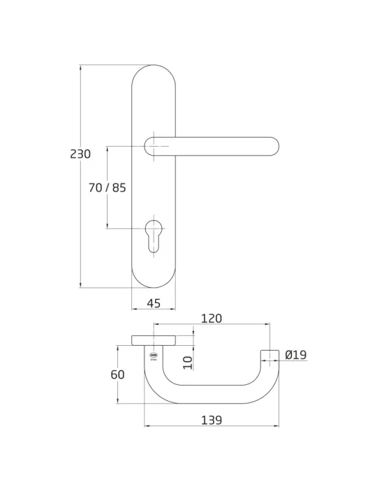 Manilla con placa 3PXB - 230 x 45 mm - Acero inoxidable 18/8 - Mate