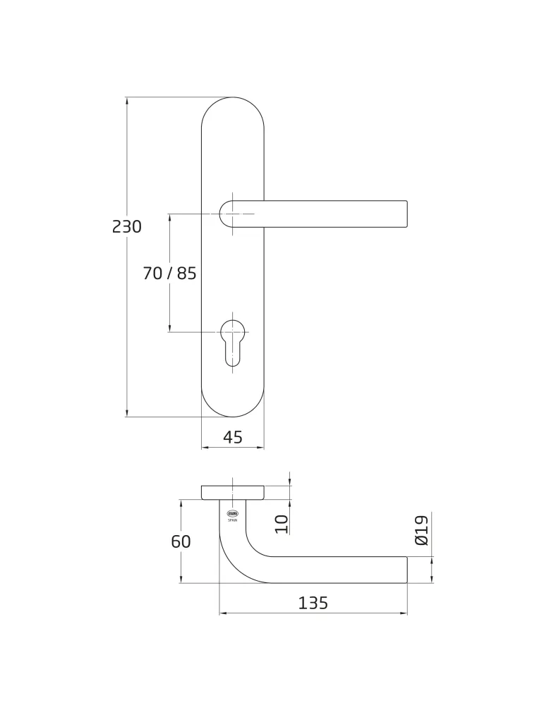 Manilla con placa 4PXB - 230 x 45 mm - Acero inoxidable 18/8 - Mate
