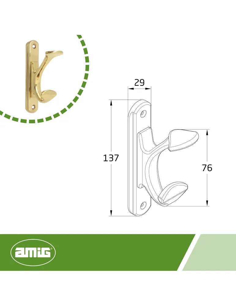 Colgador de pared doble 52 - 137 x 29 mm - Latón - Pulido