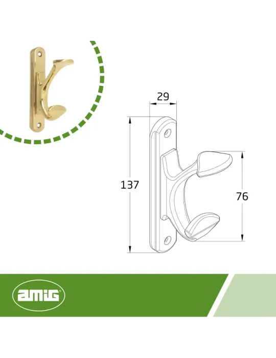 Colgador de pared doble 52 - 137 x 29 mm - Latón - Pulido