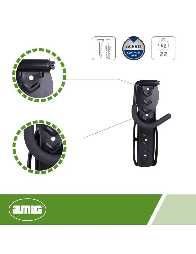 Colgador pared bicicleta 779 - 255 x 78 mm - Acero - Negro