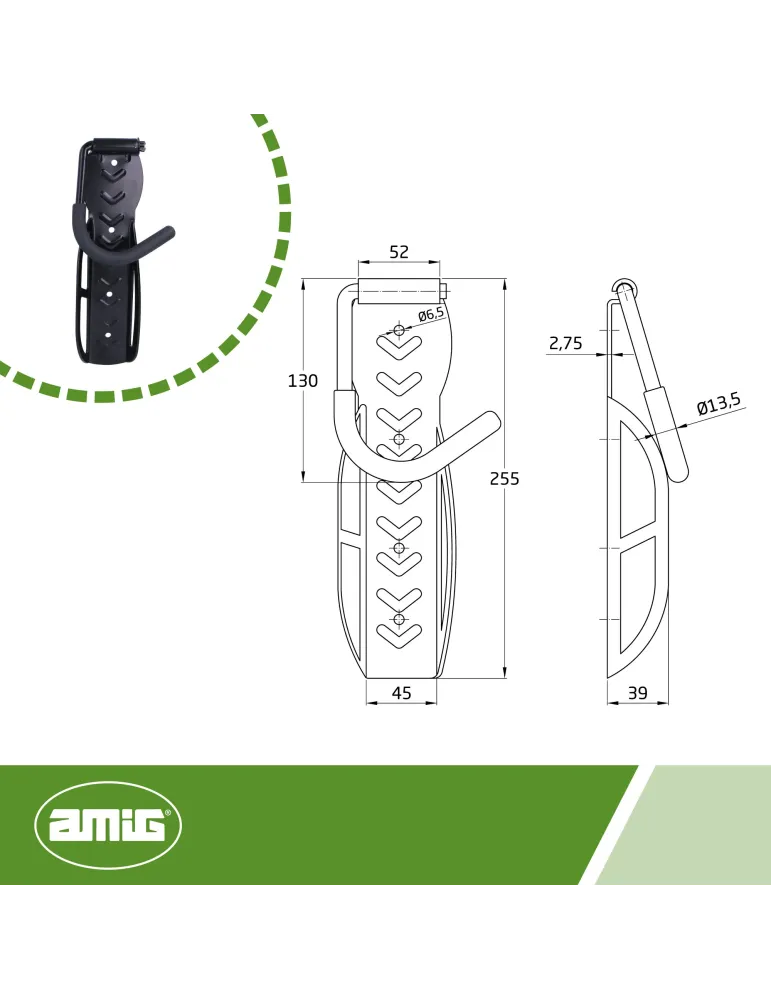 Colgador pared bicicleta 779 - 255 x 78 mm - Acero - Negro
