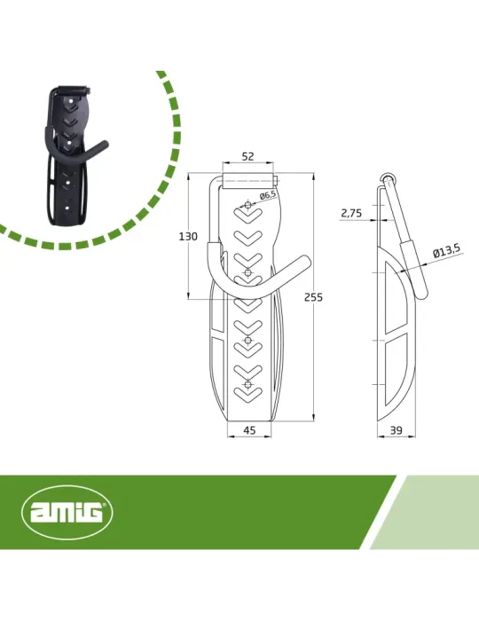 Colgador pared bicicleta 779 - 255 x 78 mm - Acero - Negro