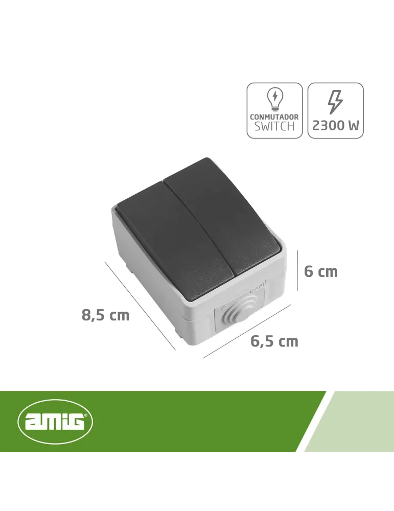 Conmutador doble estanco IP54 3612 - 90 x 65 x 52 mm - Policarbonato - Gris