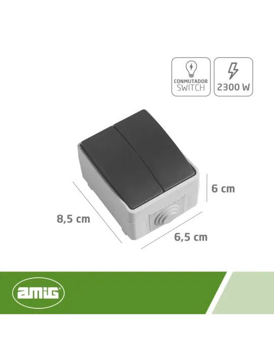Conmutador doble estanco IP54 3612 - 90 x 65 x 52 mm - Policarbonato - Gris