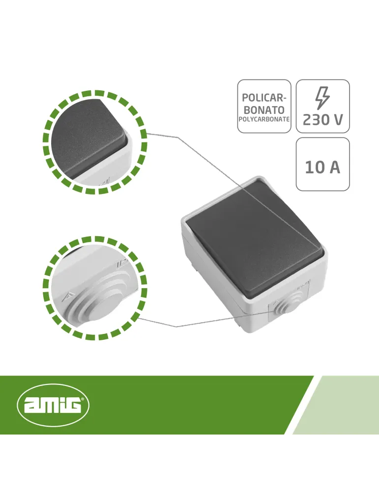 Conmutador estanco IP54 3610 - 90 x 65 x 52 mm - Policarbonato - Gris