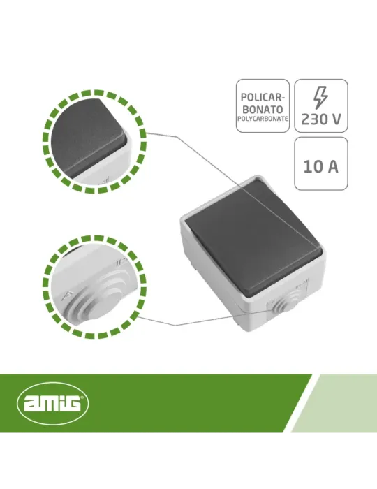 Conmutador estanco IP54 3610 - 90 x 65 x 52 mm - Policarbonato - Gris