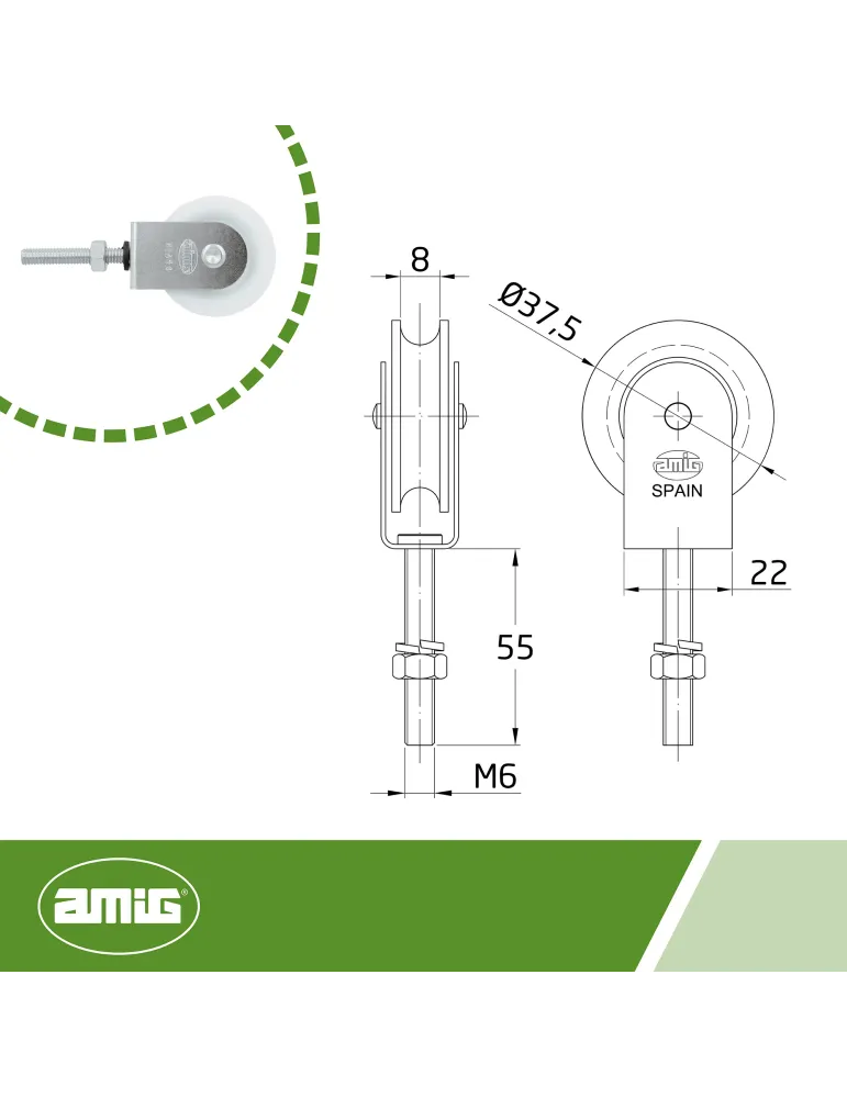 Polea plástico 111 - M6 x 55 mm - Acero - Zincado
