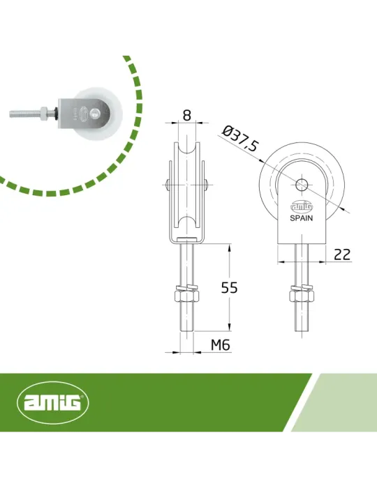 Polea plástico 111 - M6 x 55 mm - Acero - Zincado