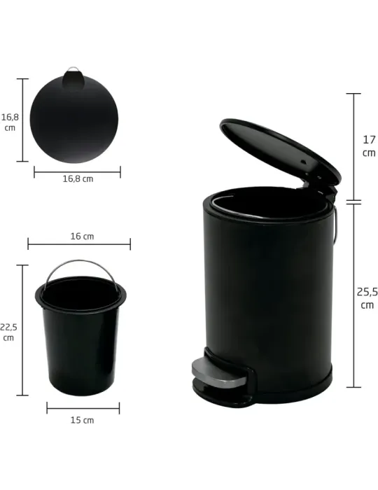 Cubo de pedal TACTO - Ø168 x 255 mm - Acero - Negro