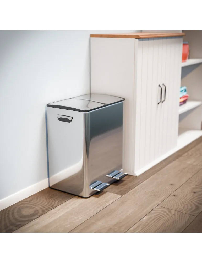 Cubo de reciclaje doble con pedal RECIK EVO - 45 x 30 x 52 cm - Acero inoxidable - Mate