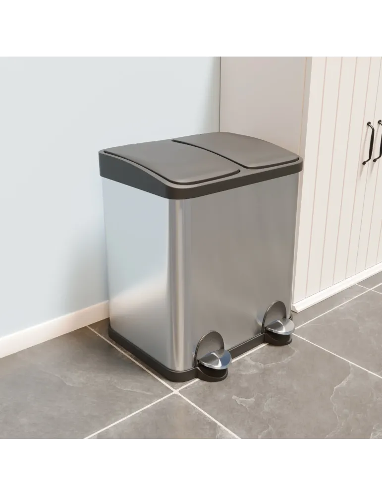 Cubo de reciclaje doble con pedal RECIK2 - 40 x 32 x 48 cm - Acero inoxidable - Satinado