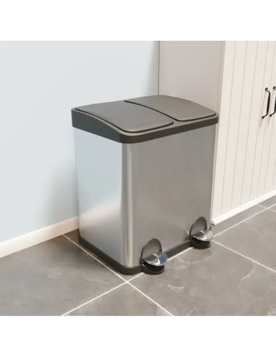 Cubo de reciclaje doble con pedal RECIK2 - 40 x 32 x 48 cm - Acero inoxidable - Satinado