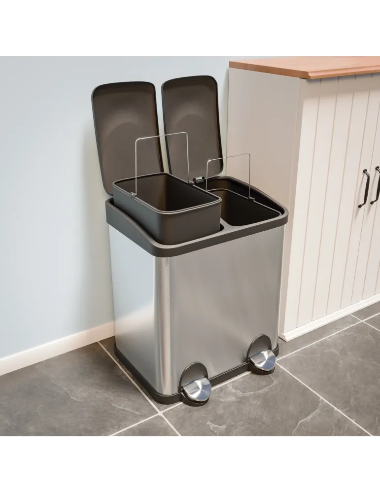 Cubo de reciclaje doble con pedal RECIK2 - 40 x 32 x 48 cm - Acero inoxidable - Satinado
