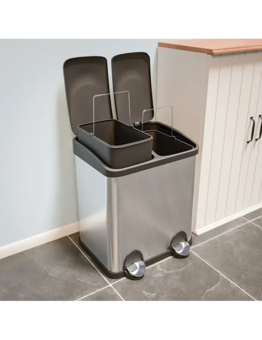 Cubo de reciclaje doble con pedal RECIK2 - 40 x 32 x 48 cm - Acero inoxidable - Satinado