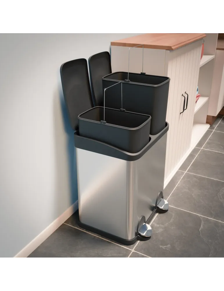 Cubo de reciclaje doble con pedal RECIK2 - 40 x 32 x 48 cm - Acero inoxidable - Satinado