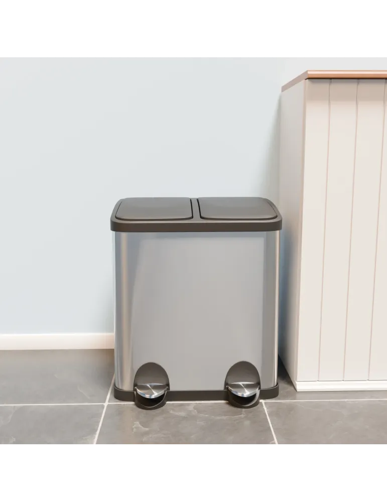 Cubo de reciclaje doble con pedal RECIK2 - 40 x 32 x 48 cm - Acero inoxidable - Satinado