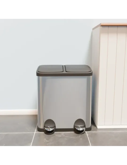 Cubo de reciclaje doble con pedal RECIK2 - 40 x 32 x 48 cm - Acero inoxidable - Satinado