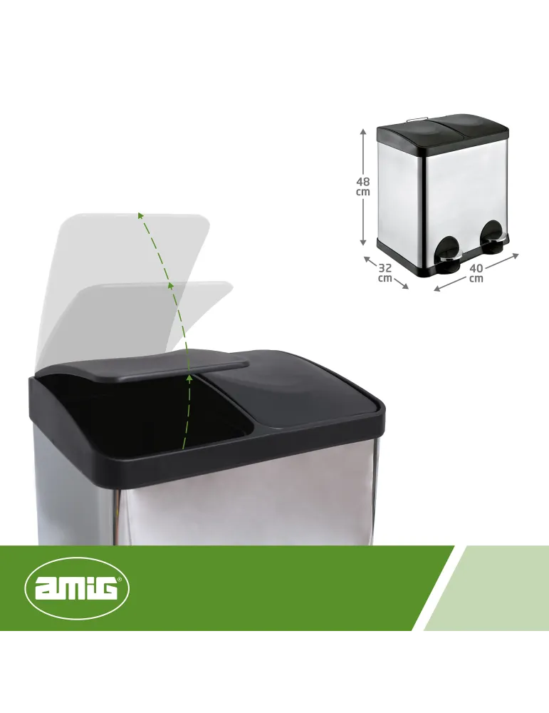 Cubo de reciclaje doble con pedal RECIK2 - 40 x 32 x 48 cm - Acero inoxidable - Satinado