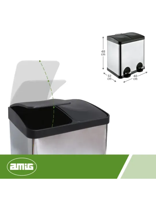 Cubo de reciclaje doble con pedal RECIK2 - 40 x 32 x 48 cm - Acero inoxidable - Satinado