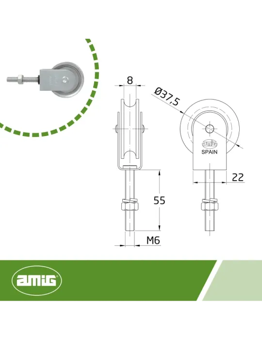 Polea metálica 113 - M6 x 55 mm - Acero - Zincado