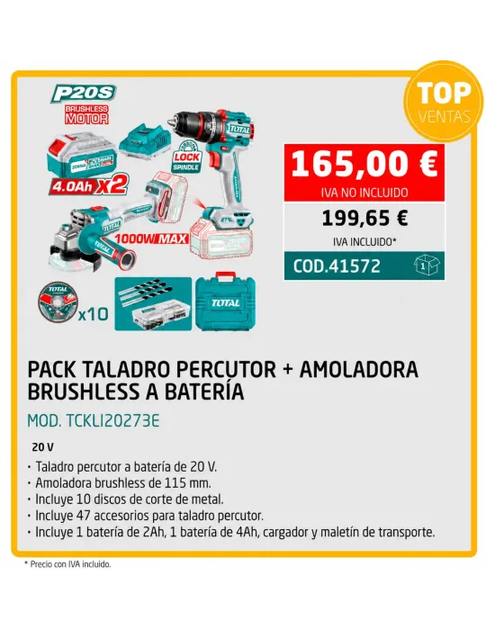 PACK TALADRO PERCUTOR + AMOLADORA BRUSHLESS A BATERIA
