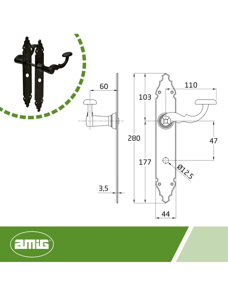 Manilla con placa 100PW - 280 x 44 mm - Placa de acero, Tirador de zamak - Negro