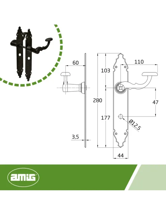 Manilla con placa 100PW - 280 x 44 mm - Placa de acero, Tirador de zamak - Negro