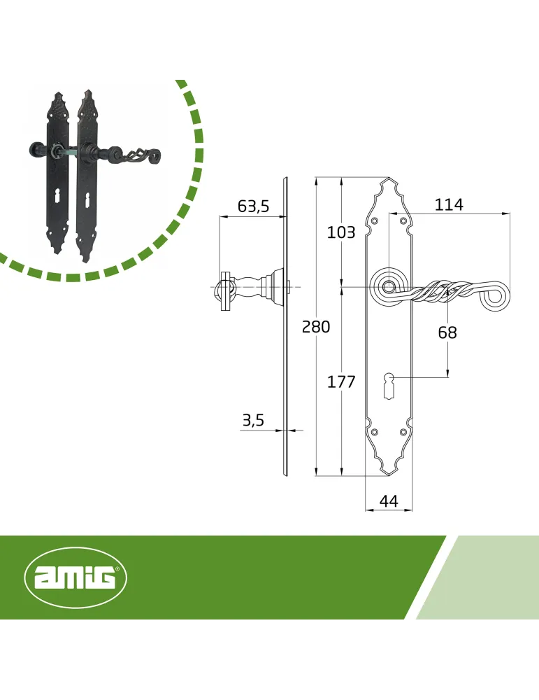 Manilla con placa 102PG - 280 x 44 mm - Placa de acero, Tirador de zamak - Negro