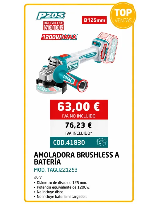 AMOLADORA  A BATERÍA   20 V  • Diámetro de disco de 125 mm. • Potencia equivalente de 1200W